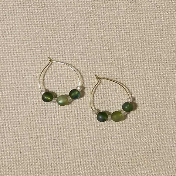 NEW- Hand Crafted Shimmer Green Beaded Hoop Earrings - Picture 3 of 3
